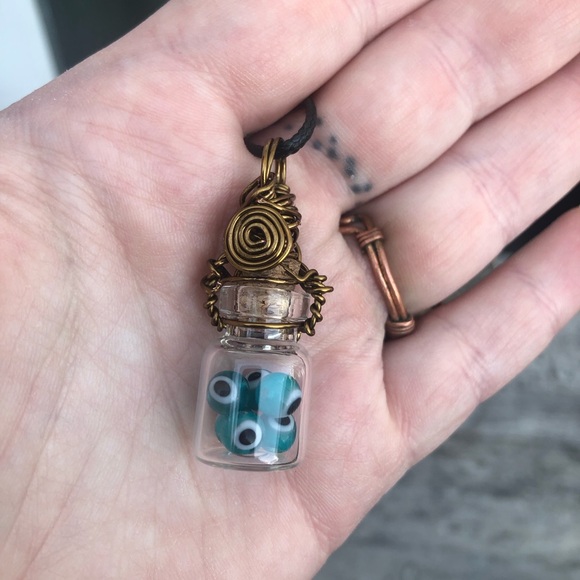 Evil Eye Protection Bottle Necklace Wire Wrapped - in Vintage Bronze Wire - Picture 4 of 11
